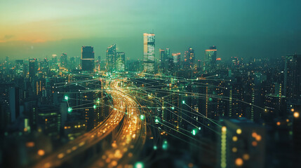 Obraz premium Smart digital Innovation city with connection network reciprocity over the cityscape. of future smart wireless digital city and social media networking systems that connects people with in city