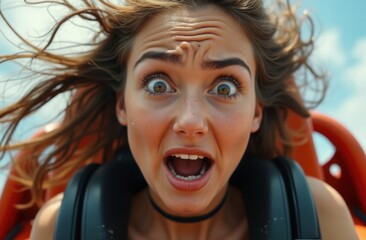 A portrait of a woman captured in a moment of intense fear and exhilaration as she plunges downward on a roller coaster ride