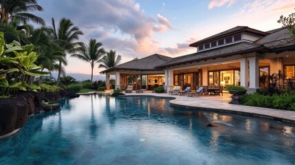 Fototapeta premium Luxury Twilight Home with Swimming Pool in Beautiful Hawaii