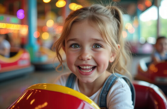 Generated imagA portrait of a girl, 8 to 10 years old, captured in a moment of delight as she enjoys a bumper car ride at an amusement park.e