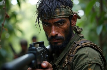 Fototapeta premium Intense portrait of a male guerrilla fighter in action, set in a dense jungle environment.