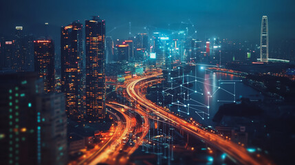 Fototapeta premium Smart digital Innovation city with connection network reciprocity over the cityscape. of future smart wireless digital city and social media networking systems that connects people with in city