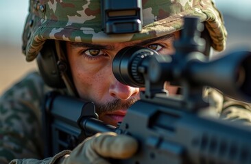 Fototapeta premium A portrait of a male sniper rifle shooter, deeply focused as he aims through her rifle scope