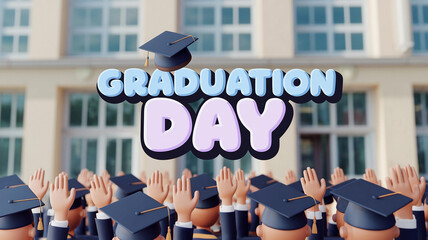 Obraz premium Graduation Day message, students in caps, building backdrop. Celebrating education event. For banner, poster, advertising. View from below.