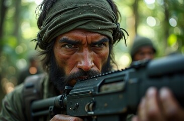 Fototapeta premium Intense portrait of a male guerrilla fighter in action, set in a dense jungle environment.