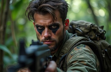 Obraz premium Intense portrait of a male guerrilla fighter in action, set in a dense jungle environment.