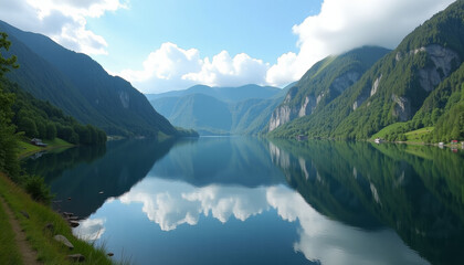Serene Mountain Lake Reflecting Clouds