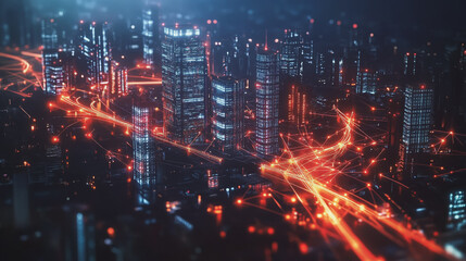 Fototapeta premium Smart digital Innovation city with connection network reciprocity over the cityscape. of future smart wireless digital city and social media networking systems that connects people with in city