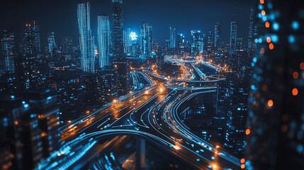 Fototapeta premium Smart digital Innovation city with connection network reciprocity over the cityscape. of future smart wireless digital city and social media networking systems that connects people with in city