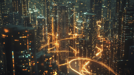 Fototapeta premium Smart digital Innovation city with connection network reciprocity over the cityscape. of future smart wireless digital city and social media networking systems that connects people with in city