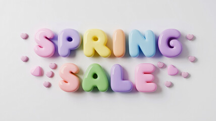 Fototapeta premium Spring Sale text with candy hearts on white. Spring sale concept. For design, print, banner, advertising. Flat lay, top view with copy space.