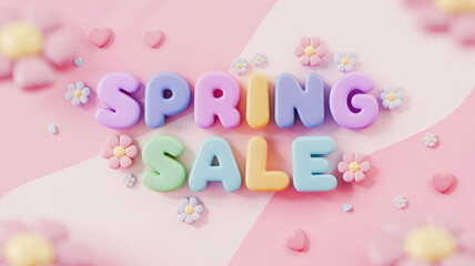 Spring Sale lettering with flowers, hearts on pink background. Spring holiday. For banner, poster, advertising, card. Top view. Copy space.