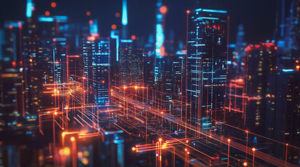 Fototapeta premium Smart digital Innovation city with connection network reciprocity over the cityscape. of future smart wireless digital city and social media networking systems that connects people with in city