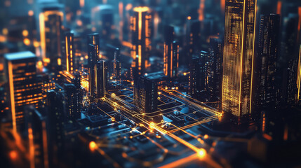 Smart digital Innovation city with connection network reciprocity over the cityscape. of future smart wireless digital city and social media networking systems that connects people with in city