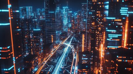 Fototapeta premium Smart digital Innovation city with connection network reciprocity over the cityscape. of future smart wireless digital city and social media networking systems that connects people with in city