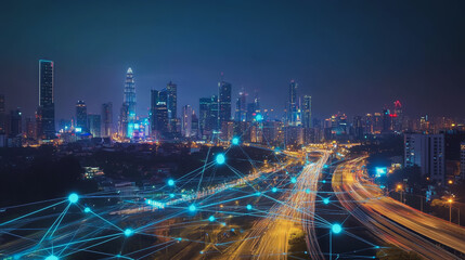 Fototapeta premium Smart digital Innovation city with connection network reciprocity over the cityscape. of future smart wireless digital city and social media networking systems that connects people with in city