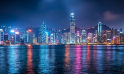 Fototapeta premium Vibrant Hong Kong skyline at night, reflecting in calm waters.
