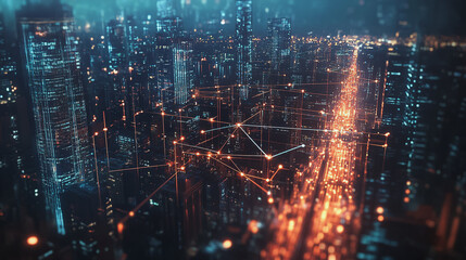 Fototapeta premium Smart digital Innovation city with connection network reciprocity over the cityscape. of future smart wireless digital city and social media networking systems that connects people with in city