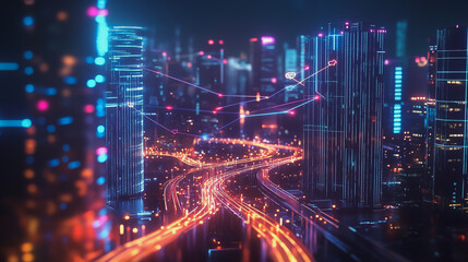 Fototapeta premium Smart digital Innovation city with connection network reciprocity over the cityscape. of future smart wireless digital city and social media networking systems that connects people with in city