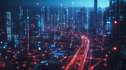 Smart digital Innovation city with connection network reciprocity over the cityscape. of future smart wireless digital city and social media networking systems that connects people with in city