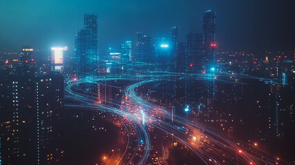 Fototapeta premium Smart digital Innovation city with connection network reciprocity over the cityscape. of future smart wireless digital city and social media networking systems that connects people with in city