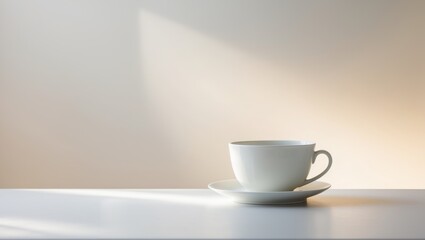 there is a white cup and saucer on a table