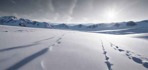 Stark white snowfield, dramatic shadows, sharp contrast, untouched, frigid