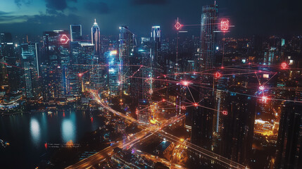 Fototapeta premium Smart digital Innovation city with connection network reciprocity over the cityscape. of future smart wireless digital city and social media networking systems that connects people with in city