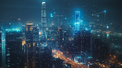 Fototapeta premium Smart digital Innovation city with connection network reciprocity over the cityscape. of future smart wireless digital city and social media networking systems that connects people with in city