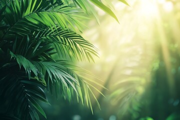 Obraz premium Sunlight filtering through lush green leaves in a tropical forest setting