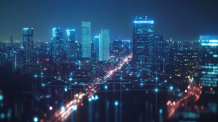Smart digital Innovation city with connection network reciprocity over the cityscape. of future smart wireless digital city and social media networking systems that connects people with in city