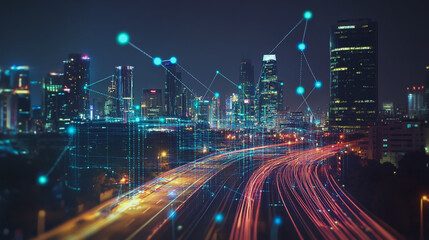 Obraz premium Smart digital Innovation city with connection network reciprocity over the cityscape. of future smart wireless digital city and social media networking systems that connects people with in city