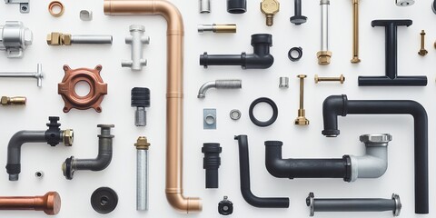 Industrial Plumbing Components Displayed in Minimalist Style on White Background