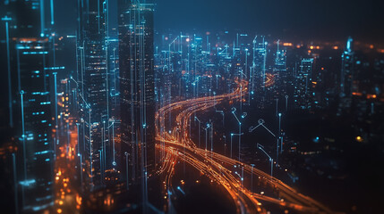 Fototapeta premium Smart digital Innovation city with connection network reciprocity over the cityscape. of future smart wireless digital city and social media networking systems that connects people with in city