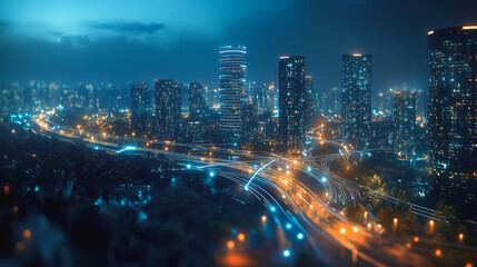 Fototapeta premium Smart digital Innovation city with connection network reciprocity over the cityscape. of future smart wireless digital city and social media networking systems that connects people with in city