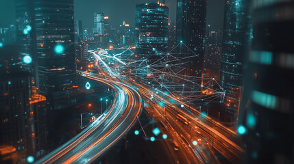 Smart digital Innovation city with connection network reciprocity over the cityscape. of future smart wireless digital city and social media networking systems that connects people with in city