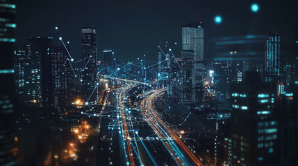 Fototapeta premium Smart digital Innovation city with connection network reciprocity over the cityscape. of future smart wireless digital city and social media networking systems that connects people with in city