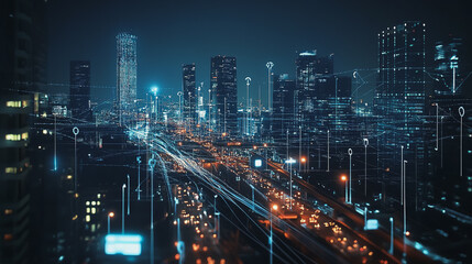 Obraz premium Smart digital Innovation city with connection network reciprocity over the cityscape. of future smart wireless digital city and social media networking systems that connects people with in city