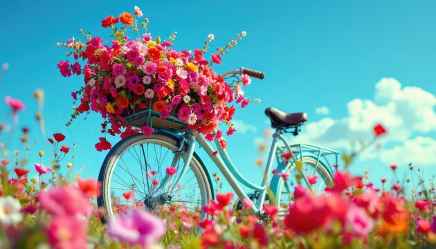 Beautiful bicycle with flowers in a sunny garden. Romantic scene for Valentine's Day, Mother's Day, and spring celebrations. Perfect for greeting cards, invitations, and posters. - Powered by Adobe