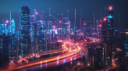 Fototapeta premium Smart digital Innovation city with connection network reciprocity over the cityscape. of future smart wireless digital city and social media networking systems that connects people with in city