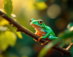 Naklejka premium Colorful frog sitting on leaf in vibrant garden. Cute animal for Earth Day, spring, and nature themes. Great for posters, cards, and invitations.