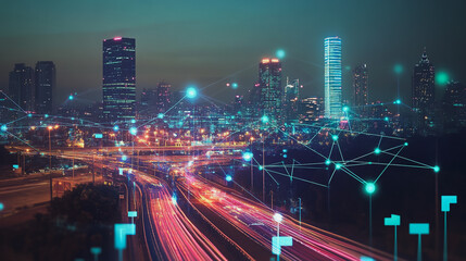 Fototapeta premium Smart digital Innovation city with connection network reciprocity over the cityscape. of future smart wireless digital city and social media networking systems that connects people with in city