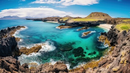 Fototapeta premium Volcanic Coastline with Mountains in the Distance
