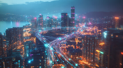 Fototapeta premium Smart digital Innovation city with connection network reciprocity over the cityscape. of future smart wireless digital city and social media networking systems that connects people with in city