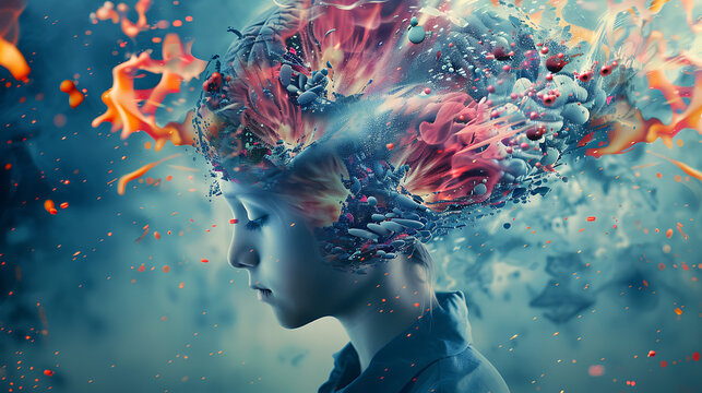 overwhelming information data exploding out of the head of a young human brain representing media overload, social media addiction, and maximalism
