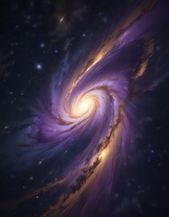 A stylized galaxy with vibrant golden hues and twinkling stars against a dark blue or purple background ,  cosmic,  space,  stars