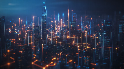Fototapeta premium Smart digital Innovation city with connection network reciprocity over the cityscape. of future smart wireless digital city and social media networking systems that connects people with in city