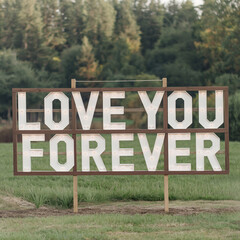 Love You Forever sign with lights. Wedding concept. For invitation, banner, postcard. Ground eye view.