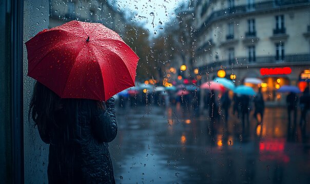Woman with red umbrella in rainy city street.
