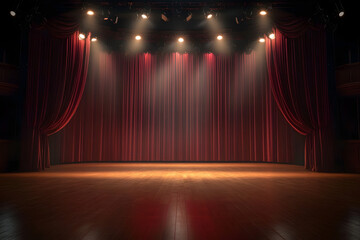 Empty theater stage with red curtains. 3d illustration